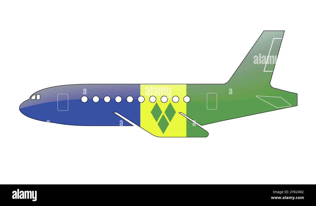 Le drapeau de Saint-Vincent-et-les Grenadines peint sur la silhouette d'un avion. illustration brillante Banque D'Images
