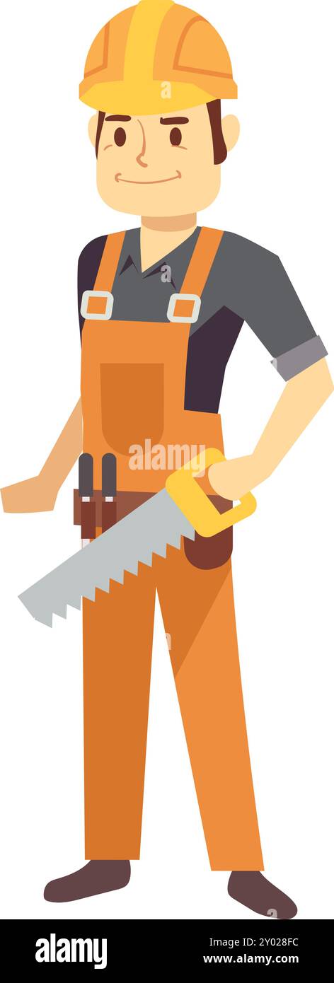 Heureux ouvrier de construction avec scie. Personnage d'artisan de menuiserie Illustration de Vecteur