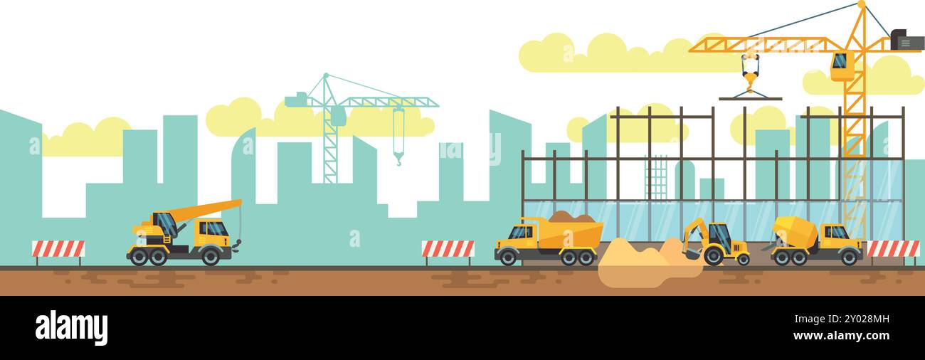 Scène de chantier de construction avec illustration de couleur de machinerie lourde Illustration de Vecteur