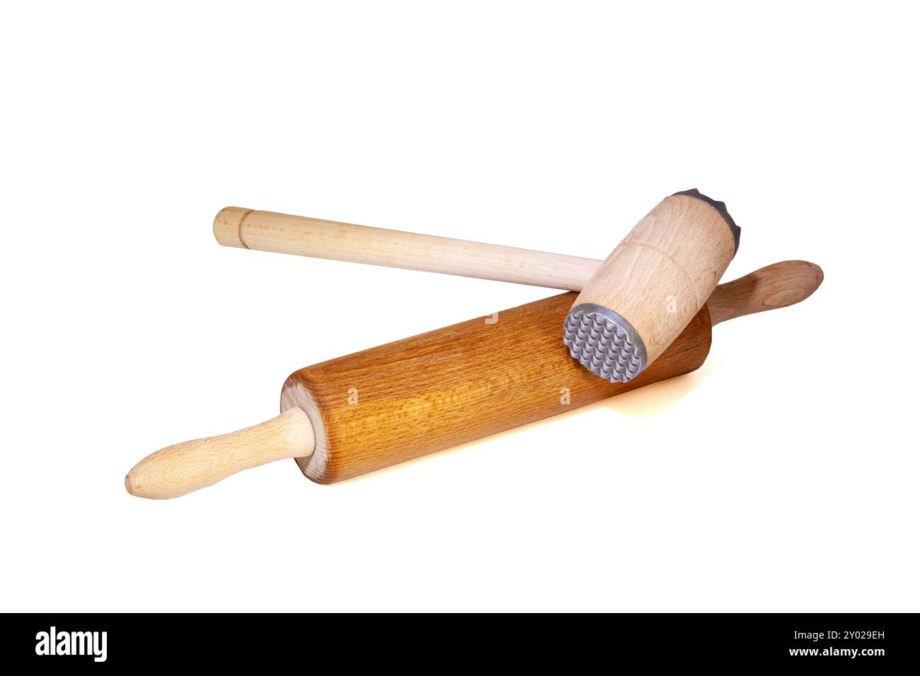 Ustensiles de cuisine en bois, rouleau à pâtisserie et attendrisseur de viande. Arrière-plan Banque D'Images