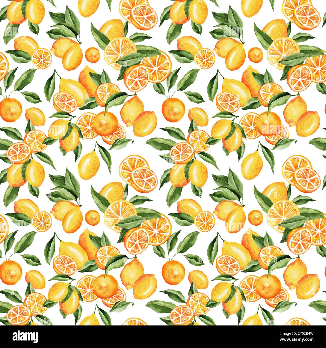 Branches de fruits de citrons jaunes avec des feuilles élégantes d'aquarelle sans couture pour textile de tissu ou papier peint, conception de printemps pour mariage italien Banque D'Images