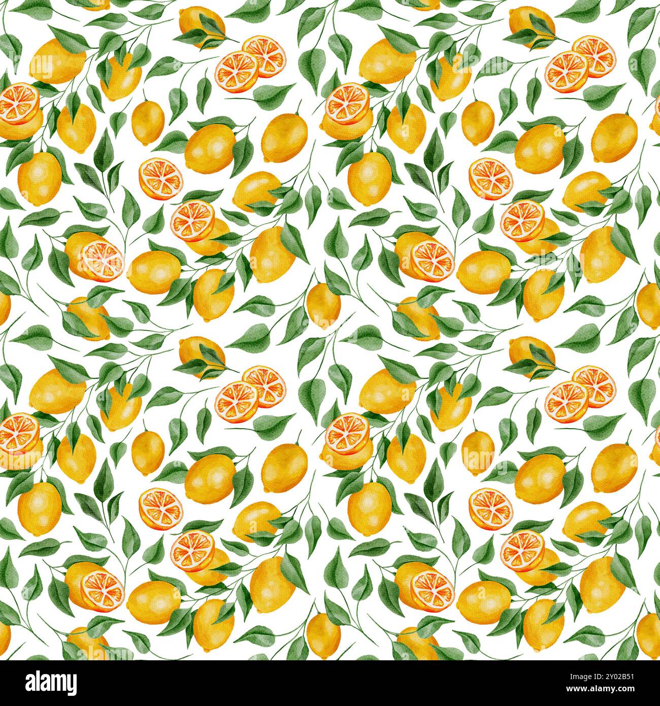 Branches de fruits de citrons jaunes avec des feuilles élégantes d'aquarelle sans couture pour textile de tissu ou papier peint, conception de printemps pour mariage italien Banque D'Images