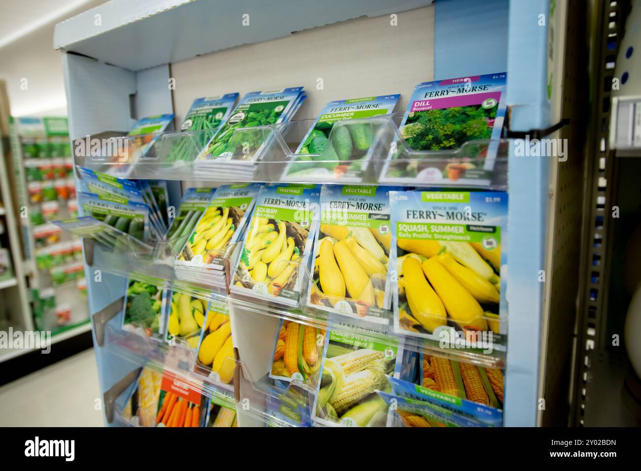 Los Angeles, Californie, États-Unis - 2022-05-05 : une vue d'une vitrine Ferry-Morse, présentant une variété d'emballages de graines de légumes. Banque D'Images