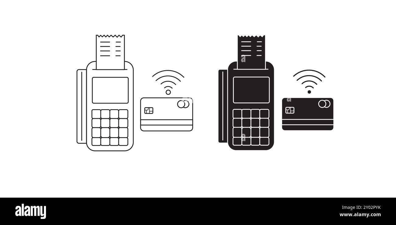 Paiement sans contact par carte de crédit et terminal POS. Main tenant la carte de crédit Illustration de Vecteur