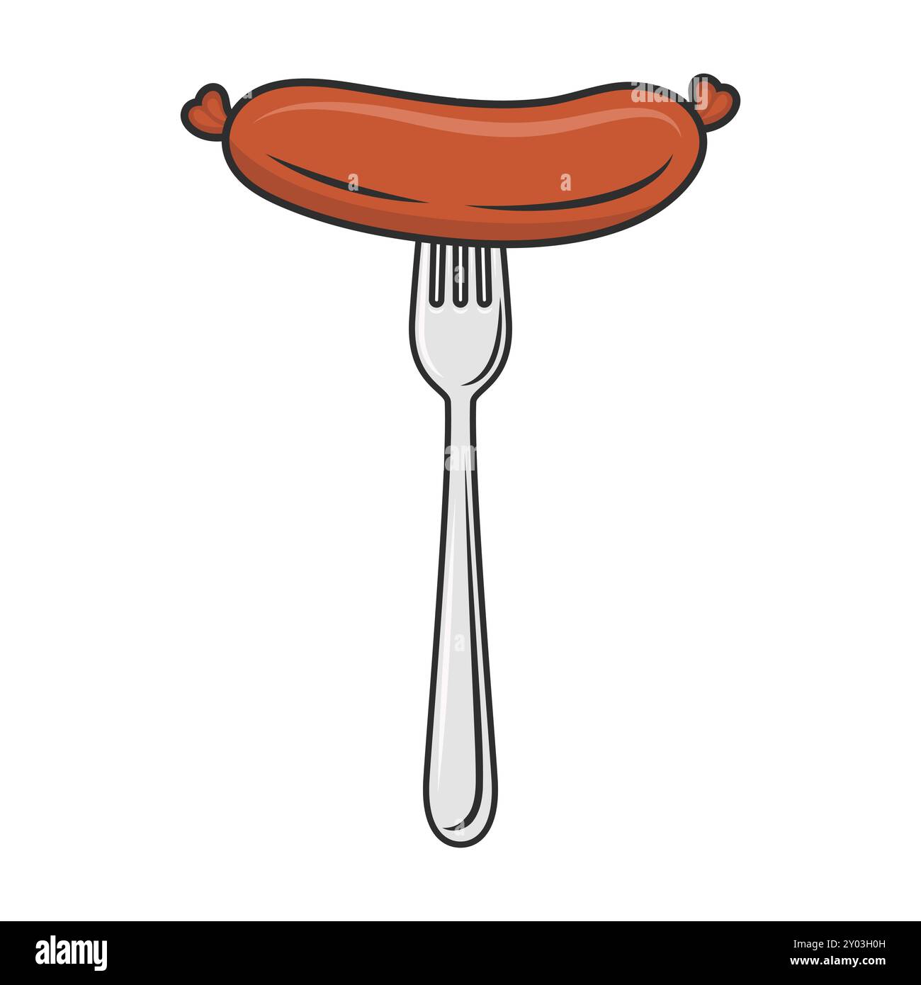 Flat Vector Cartoon saucisse sur la fourchette avec Outline gros plan isolé sur fond blanc. Illustration de nourriture vectorielle pour Menu, BBQ et conception culinaire Illustration de Vecteur