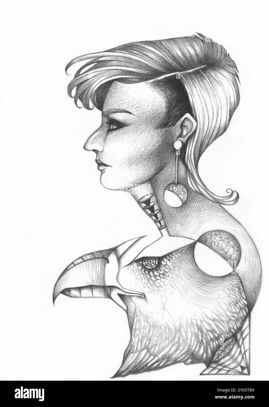 Illustration graphite représentant une femme de profil avec la fusion d'un aigle Banque D'Images