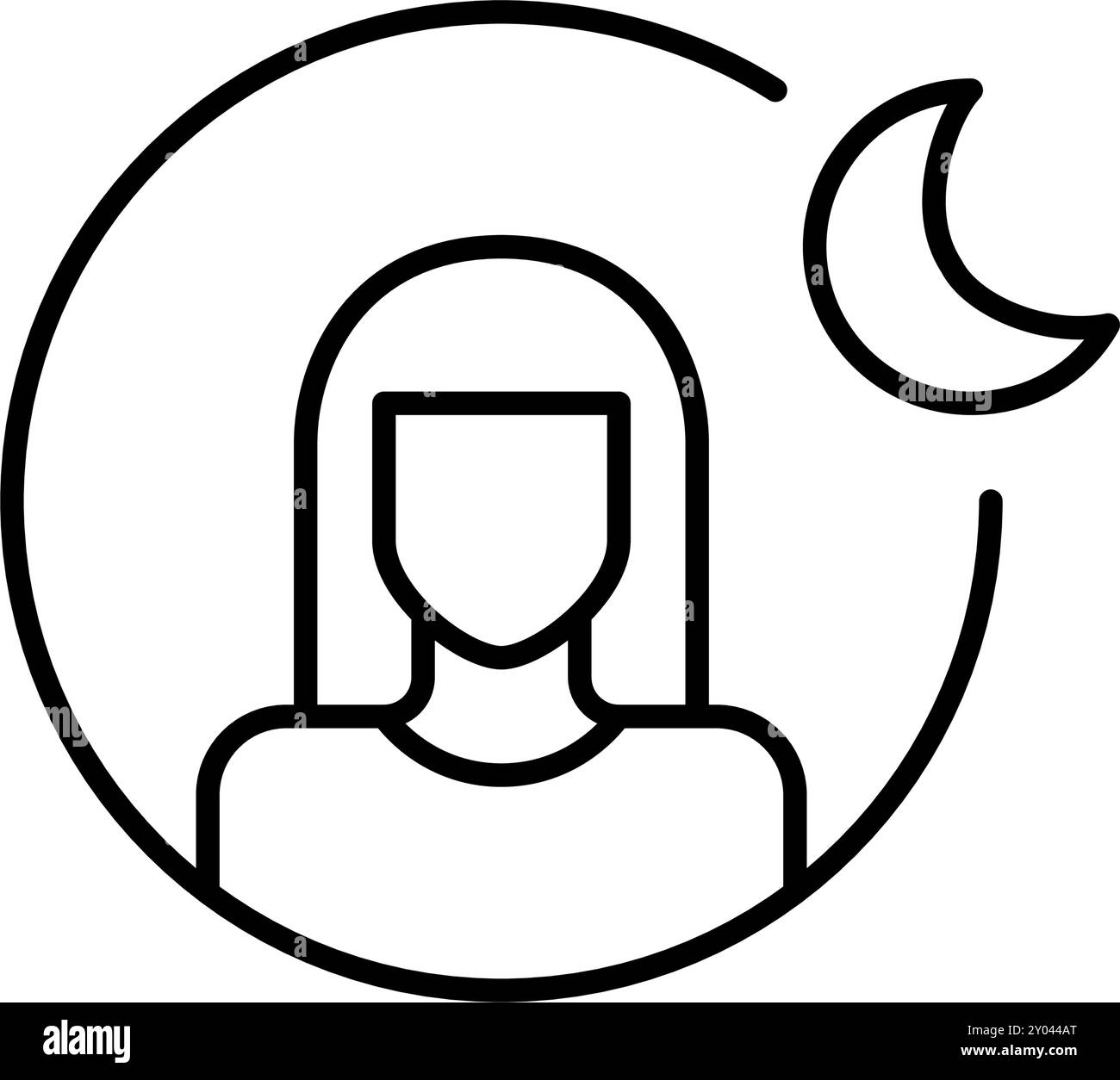 Avatar utilisateur féminin avec croissant de lune à côté. Mode nuit ou application de suivi du sommeil. Icône vectorielle Pixel Perfect Illustration de Vecteur