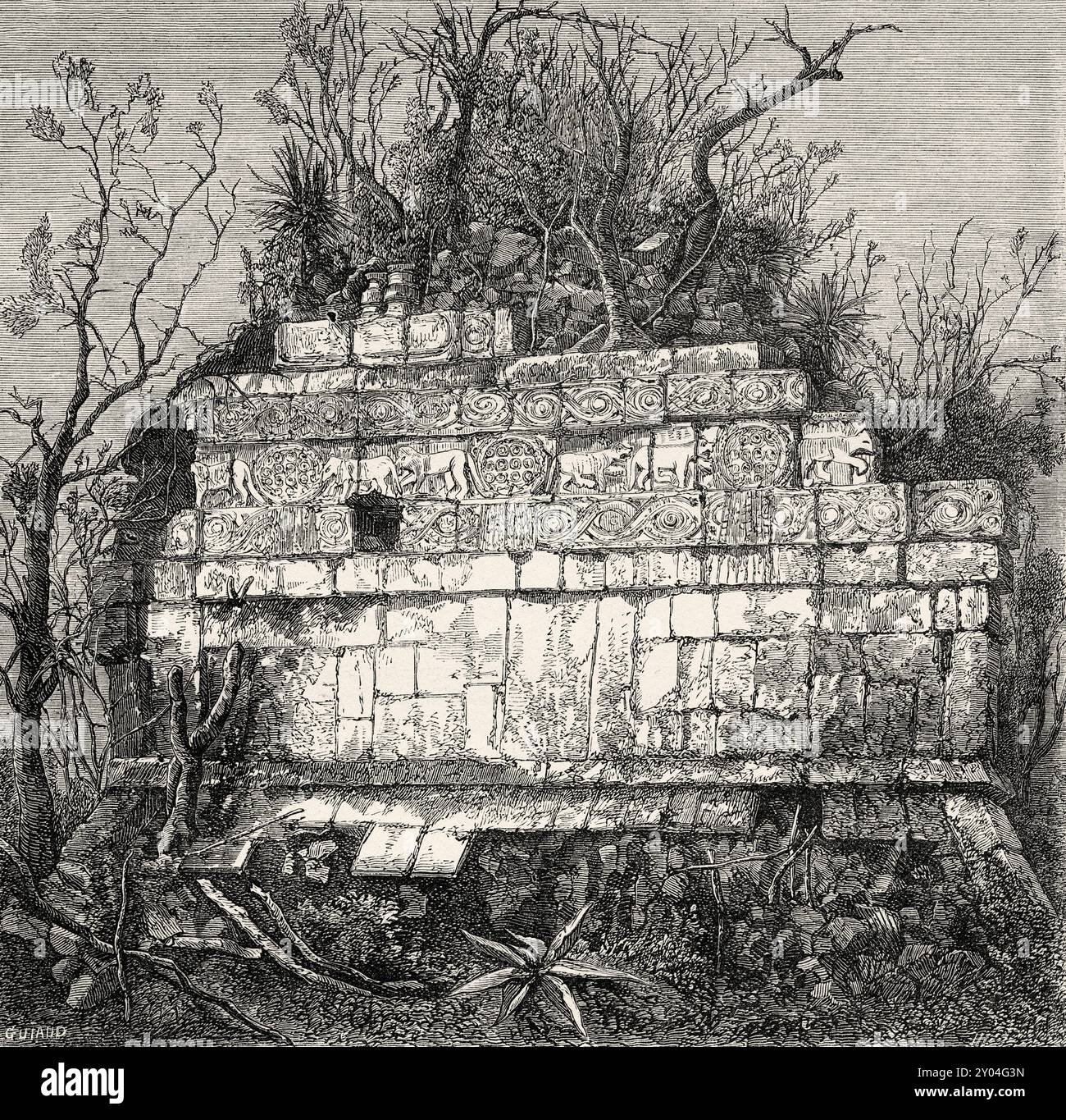 Bas-reliefs des Tigres, court de balle à Chichen Itza, péninsule mexicaine du Yucatan. Mexique, dessin de Jacques Guiaud (1811-1876) voyage au Mexique, 1854-1855 d'Ernest Vigneaux. Le Tour du monde 1862 Banque D'Images