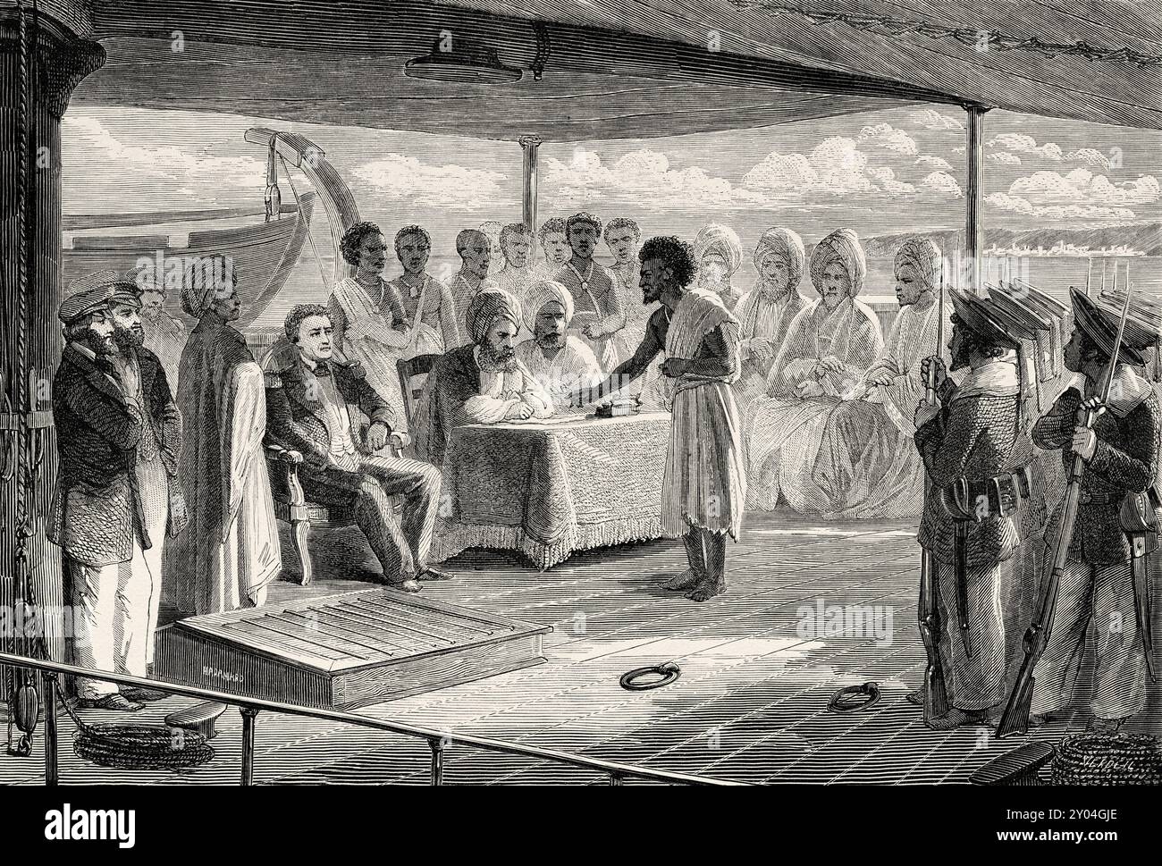 Déposition de témoin déposition d'Abdul Ahy devant le Cadi de Zeila et le commandant de la marine française Alphonse Fleuriot de Langle (1809-1881) suite à l'assassinat d'Henri Lambert, Afrique, dessin d'Auguste Hadamard (1823-1886) voyage d'Henri Lambert. Le Tour du monde 1862 Banque D'Images