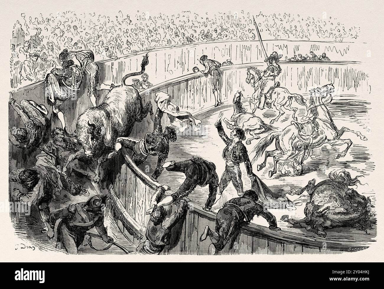 Taureau sautant la barrière pendant une corrida, Comunidad Valenciana. Voyage en Espagne, 1862 de Jean Charles Davillier (1823-1883) dessin de Gustave Dore (1832-1883) le Tour du monde 1862 Banque D'Images