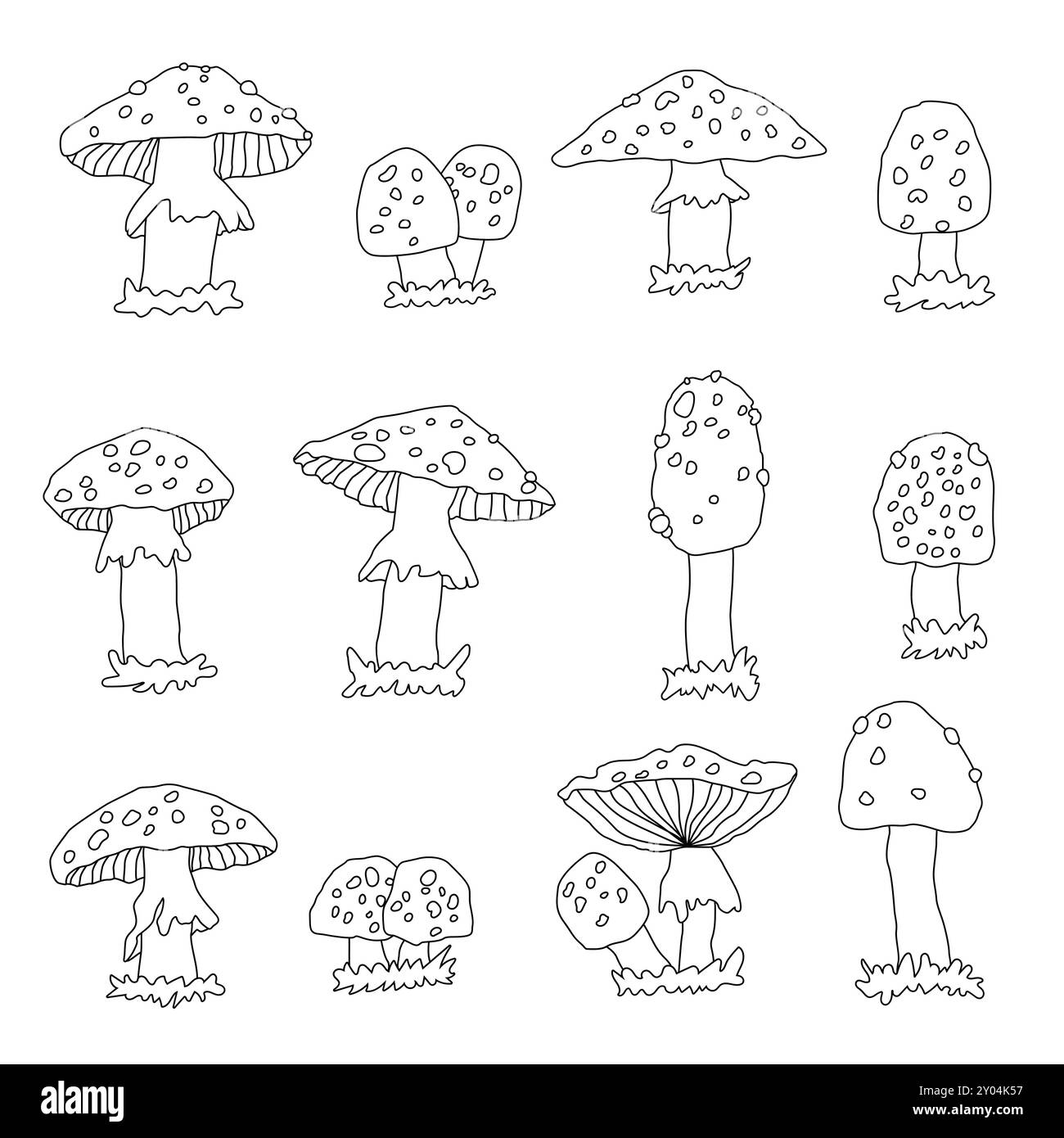 Noir blanc doodle grand ensemble de champignons amanita Toadstool. Illustrations agariques vectorielles de mouche de dessin animé sur un fond blanc Illustration de Vecteur