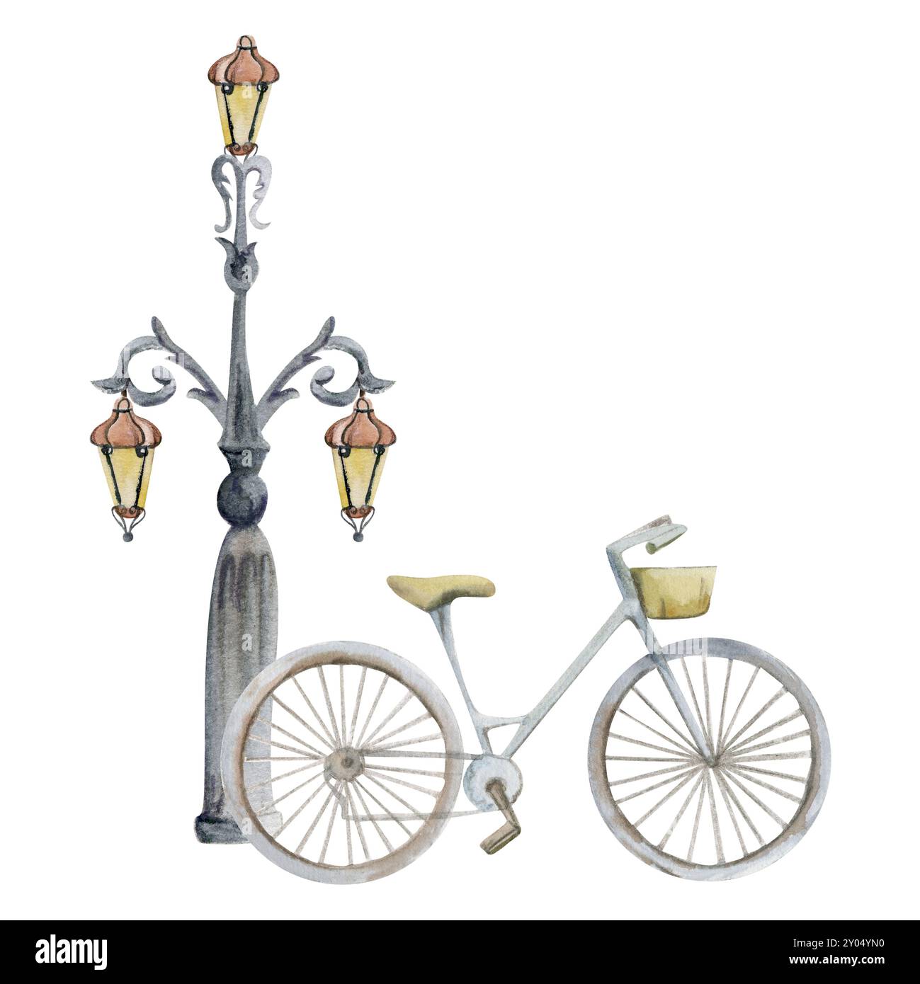 Espace de rue de la vieille ville européenne avec lampadaire, lanterne ornementale avec vélo garé. Aquarelle illustration dessinée à la main. Pour les boutiques touristiques Banque D'Images