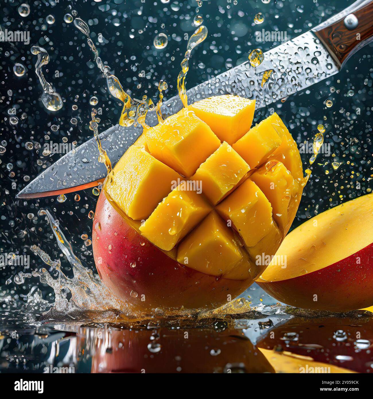 Pose plate de texture de fruit de mangue avec tranche avec de l'eau, gouttes, vue avant de fond de concept de fruits Banque D'Images