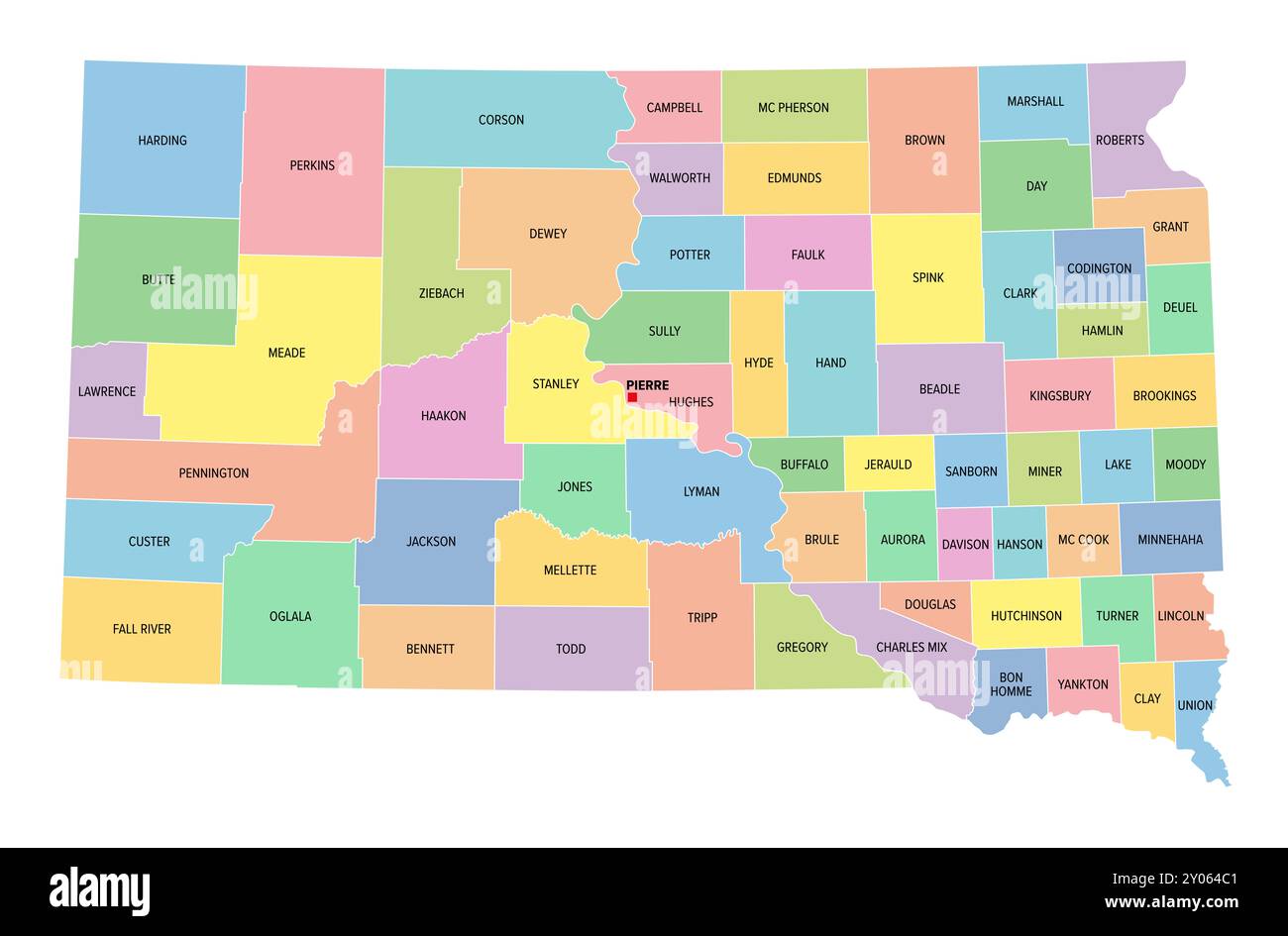Dakota du Sud, état américain, subdivisé en 66 comtés, carte politique multicolore avec Pierre capitale, frontières et noms de comté. Banque D'Images