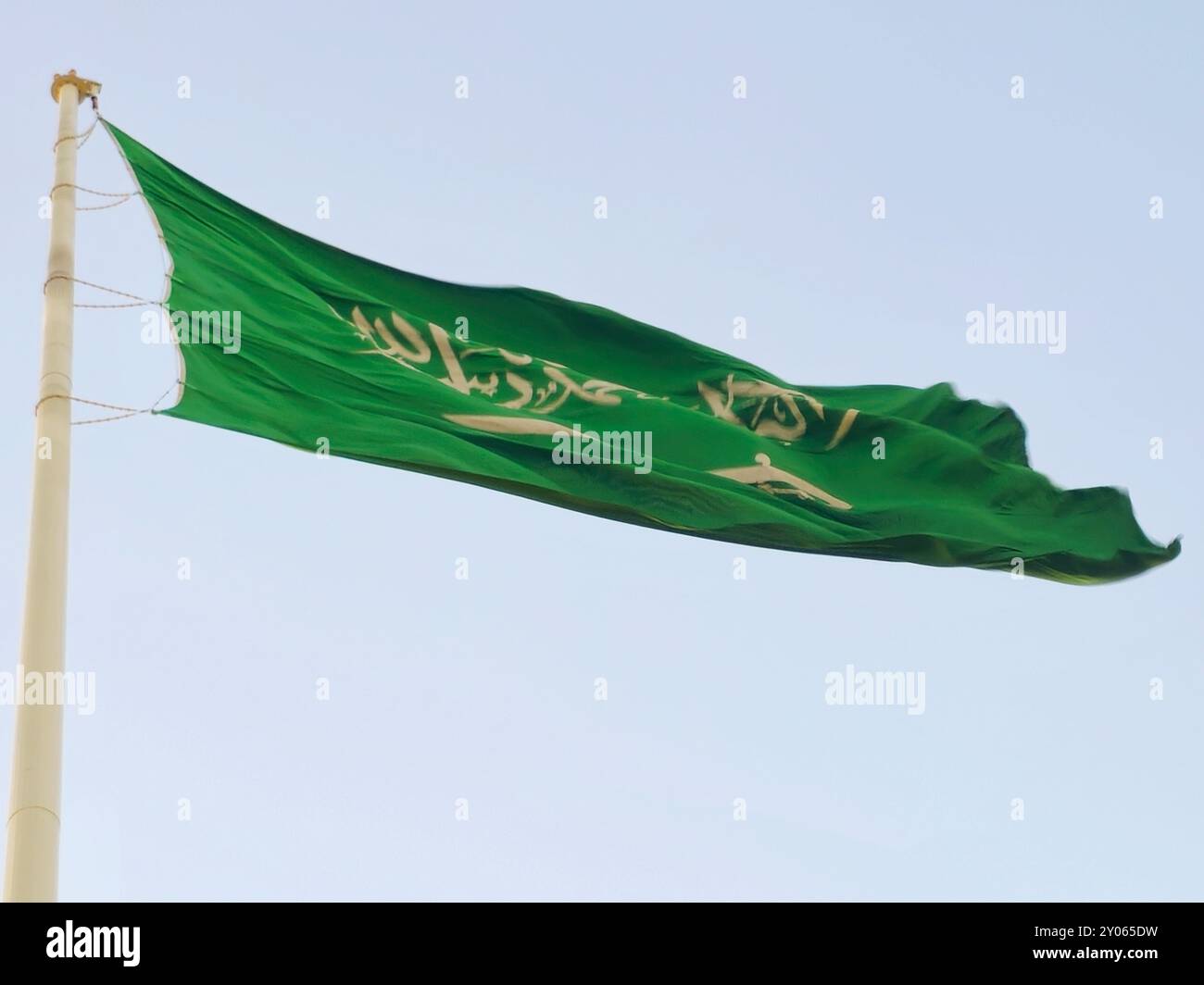 Le drapeau national du Royaume d'Arabie saoudite, un fond vert avec inscription arabe et une épée en blanc, avec inscription du credo islamique, Or Banque D'Images