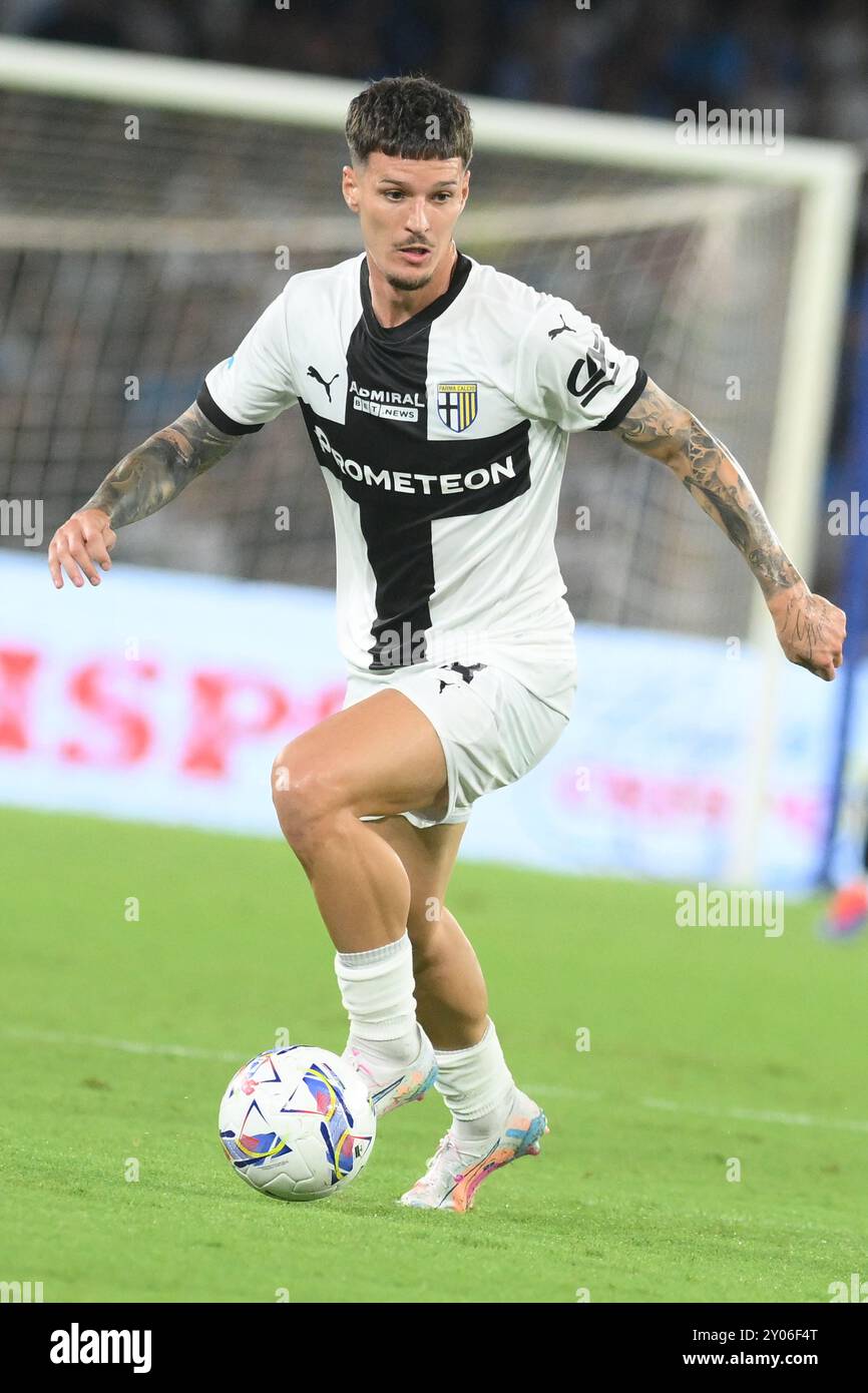 Naples, Italie. 31 août 2024. Dennis Man of Parma Calcio en action lors du match de Serie A Enelive opposant SSC Napoli vs Parma Calcio au stade Diego Armando Maradona le 31 août 2024 à Naples, italie (photo d'Agostino Gemito/Pacific Press) crédit : Pacific Press Media production Corp./Alamy Live News Banque D'Images