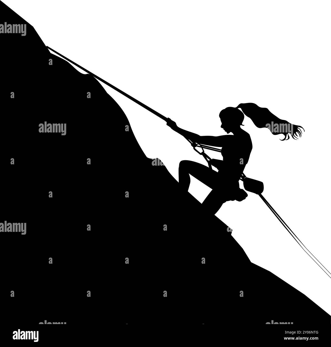 Femme grimpeur silhouette noire, grimpant avec une corde, vecteur d'aventure escalade extrême, illustration vectorielle extérieure de haute montagne Illustration de Vecteur