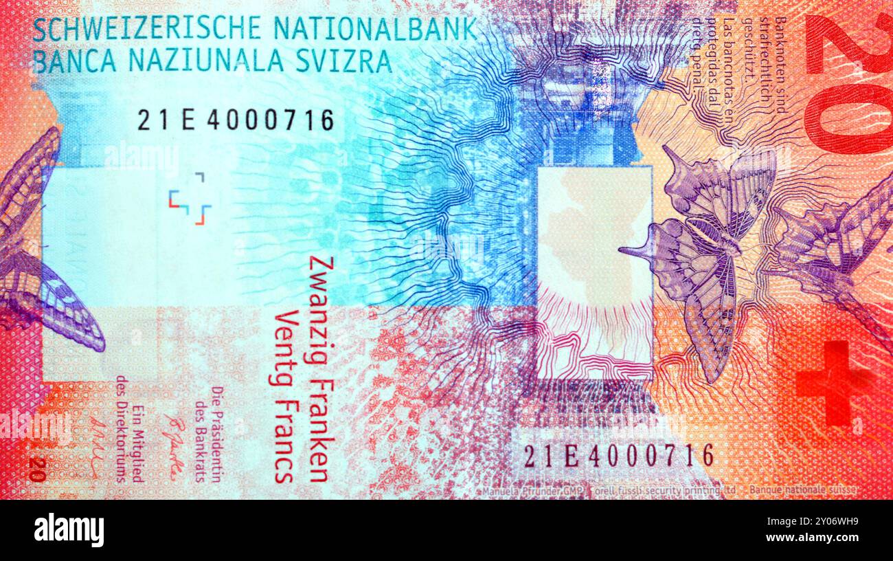 Grand fragment de face arrière de la Suisse 20 vingt Francs, papillons, une lumière projetée sur un écran, lignes d'iris de l'oeil humain, bande de sécurité et Banque D'Images