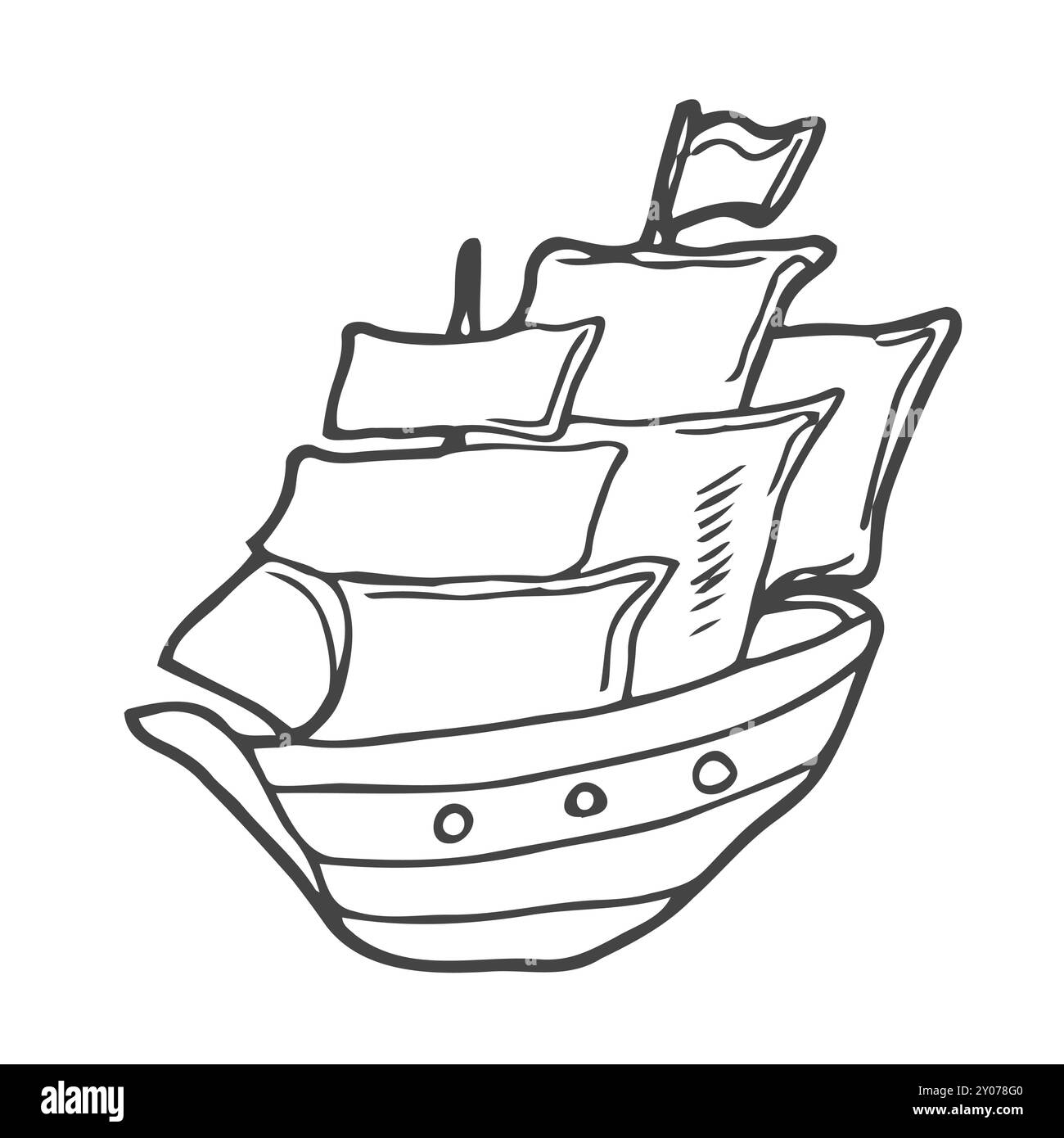 Voilier, yacht à voile, bateau, bateau dans la mer. Esquisse de dessin au trait dessinée à la main. Illustration vectorielle noir et blanc Illustration de Vecteur