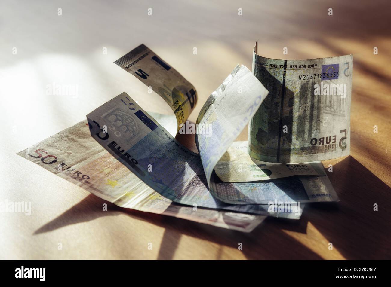 5 billets d’une valeur totale de 100 euros sont couchés sur une table Banque D'Images