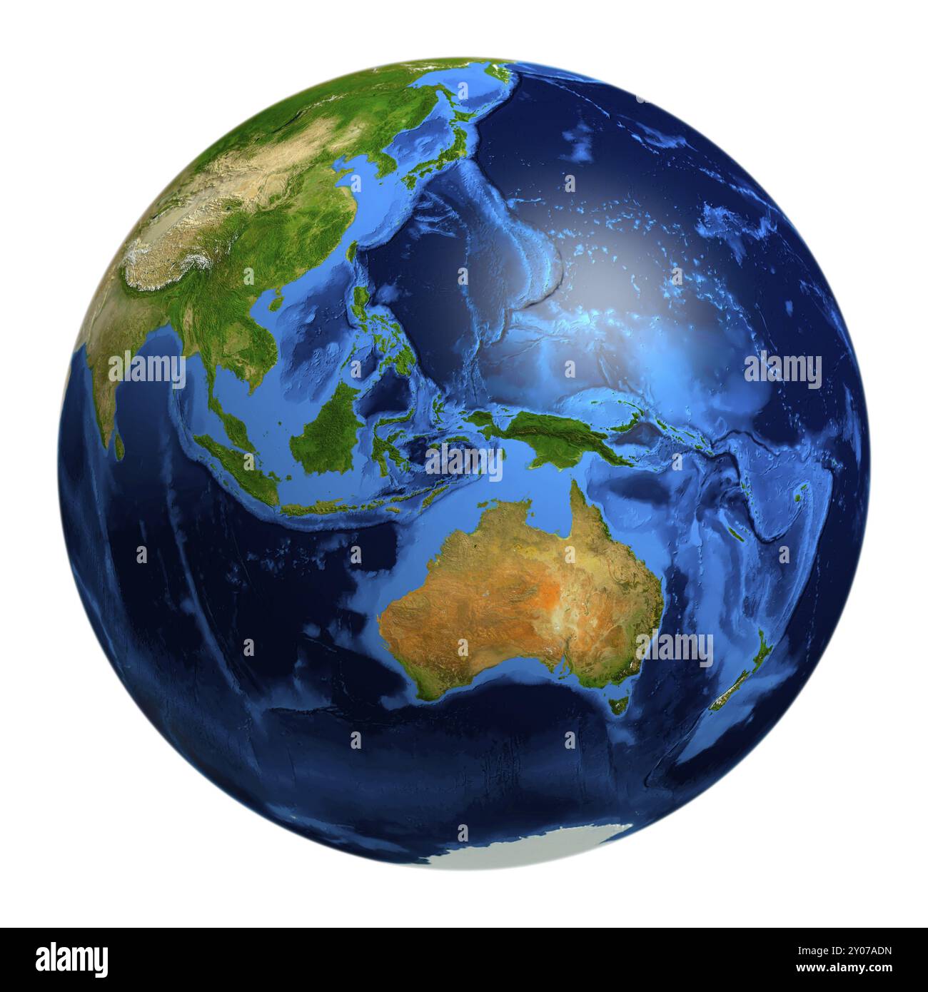 Vue du globe terrestre depuis l'espace montrant l'Océanie, l'Australie, l'Indonésie, la Papouasie-Nouvelle-Guinée, la Nouvelle-Zélande. Isolé sur fond blanc, Océanie Banque D'Images