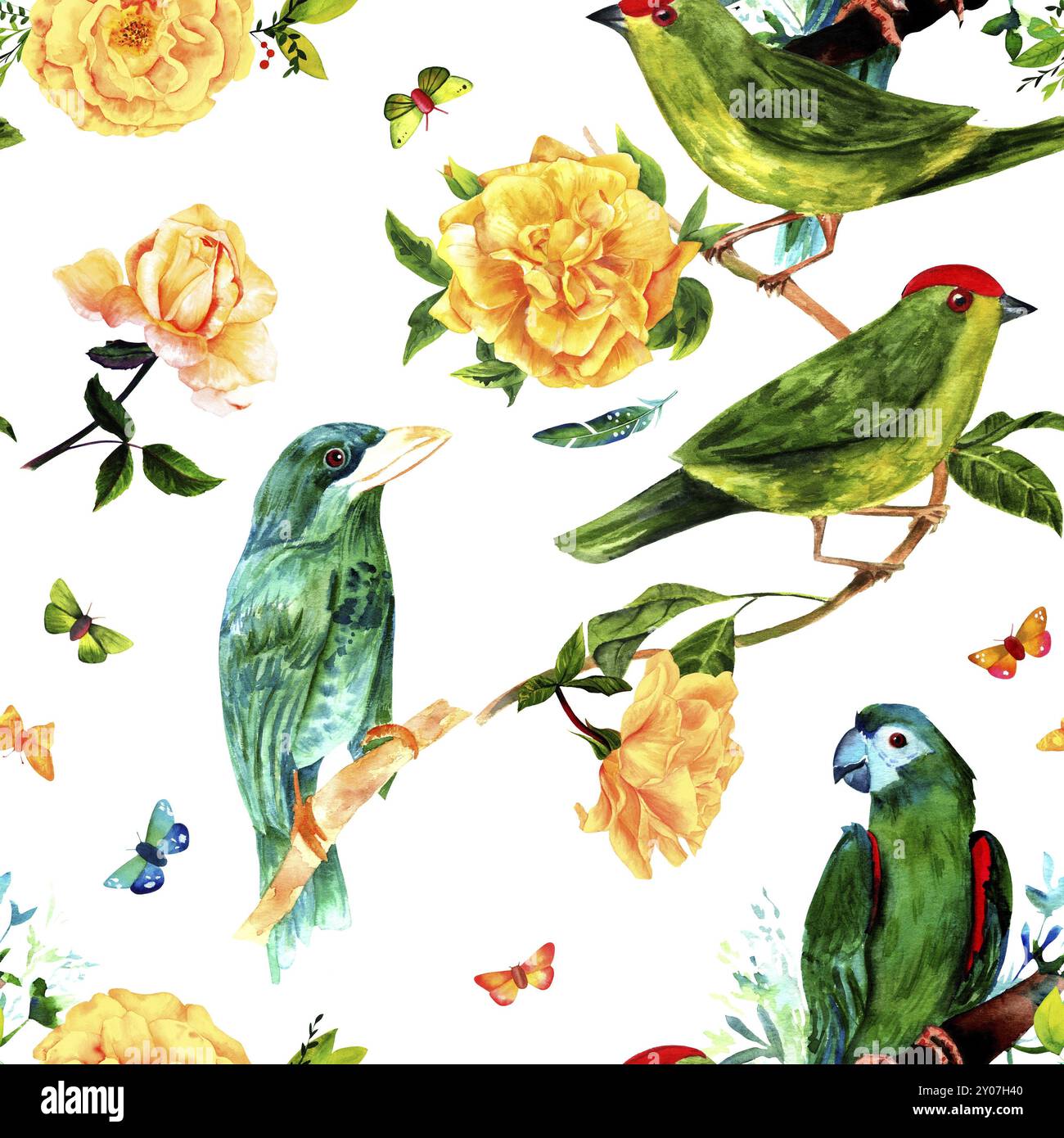 Un motif sans couture avec des dessins à l'aquarelle d'oiseaux bleu sarcelle et vert vibrants, des roses jaunes en fleurs et des papillons, peints à la main sur un dos blanc Banque D'Images