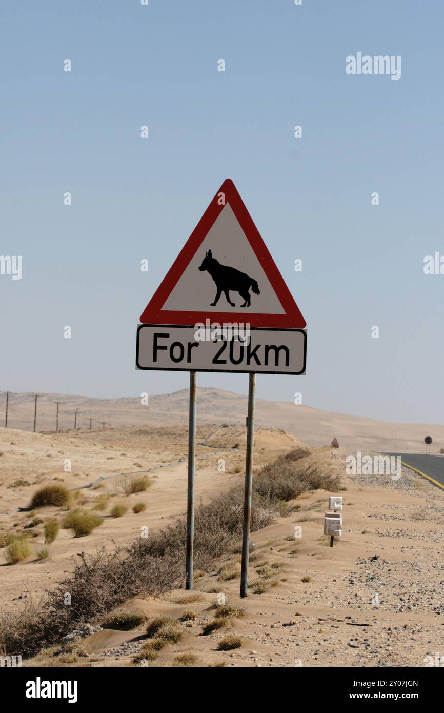 Panneau d'avertissement sur la route en Namibie Banque D'Images