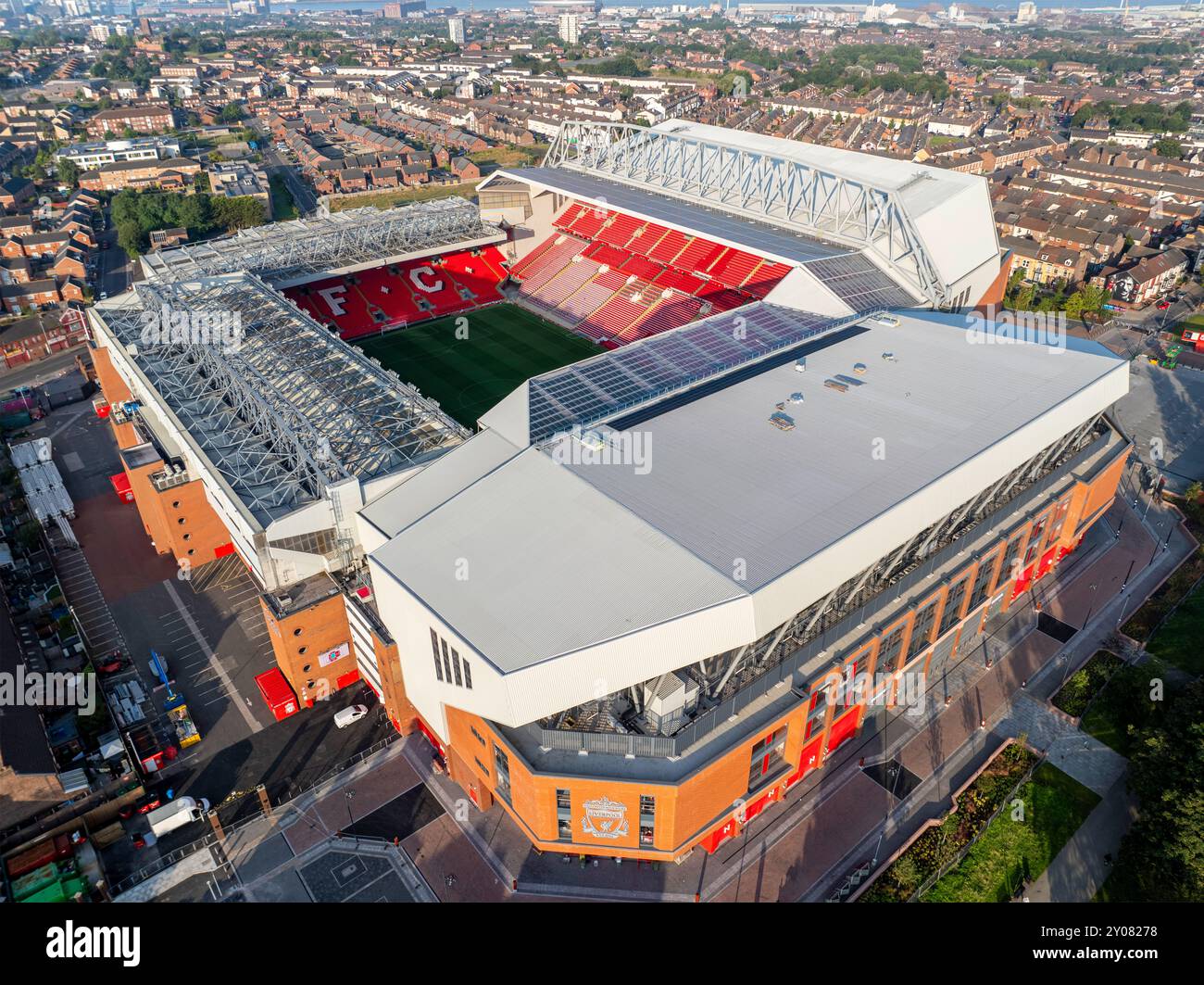 Une vue aérienne du stade Anfield, Liverpool. Banque D'Images