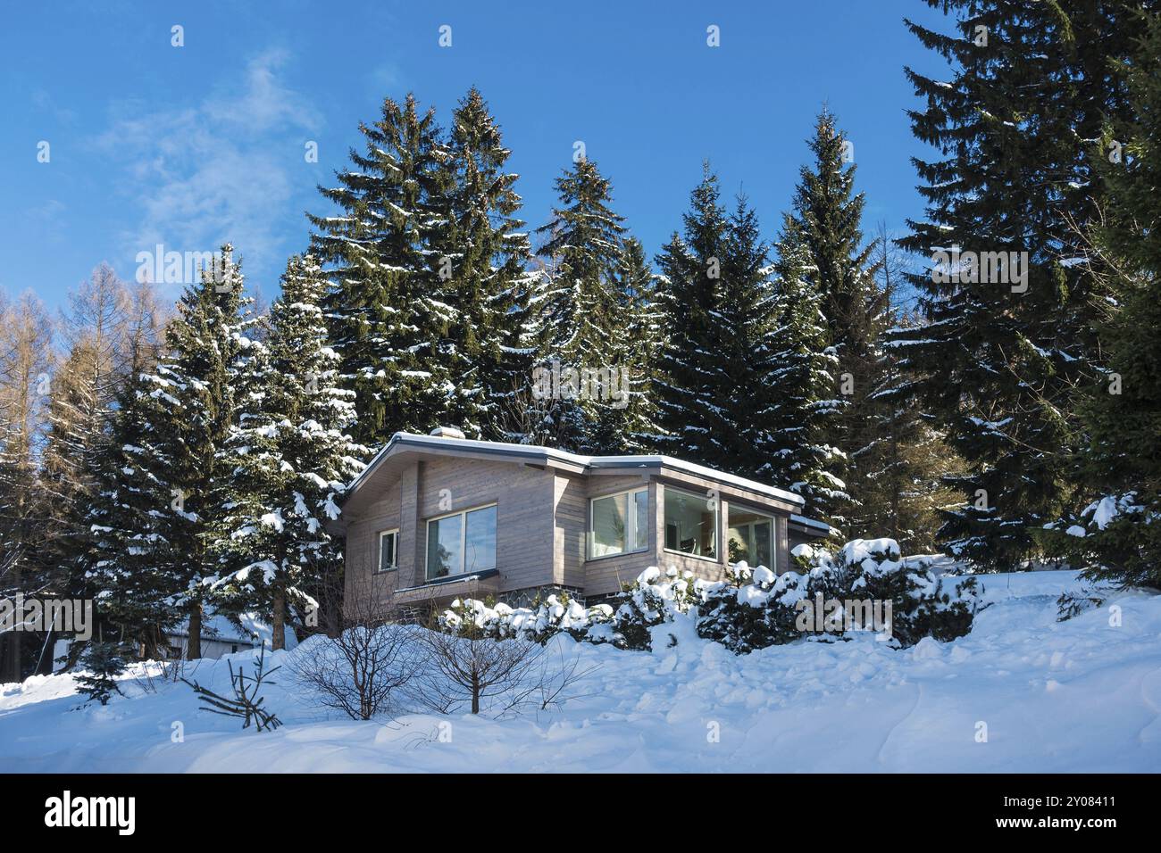 Maison avec forêt en hiver dans les montagnes des géants Banque D'Images