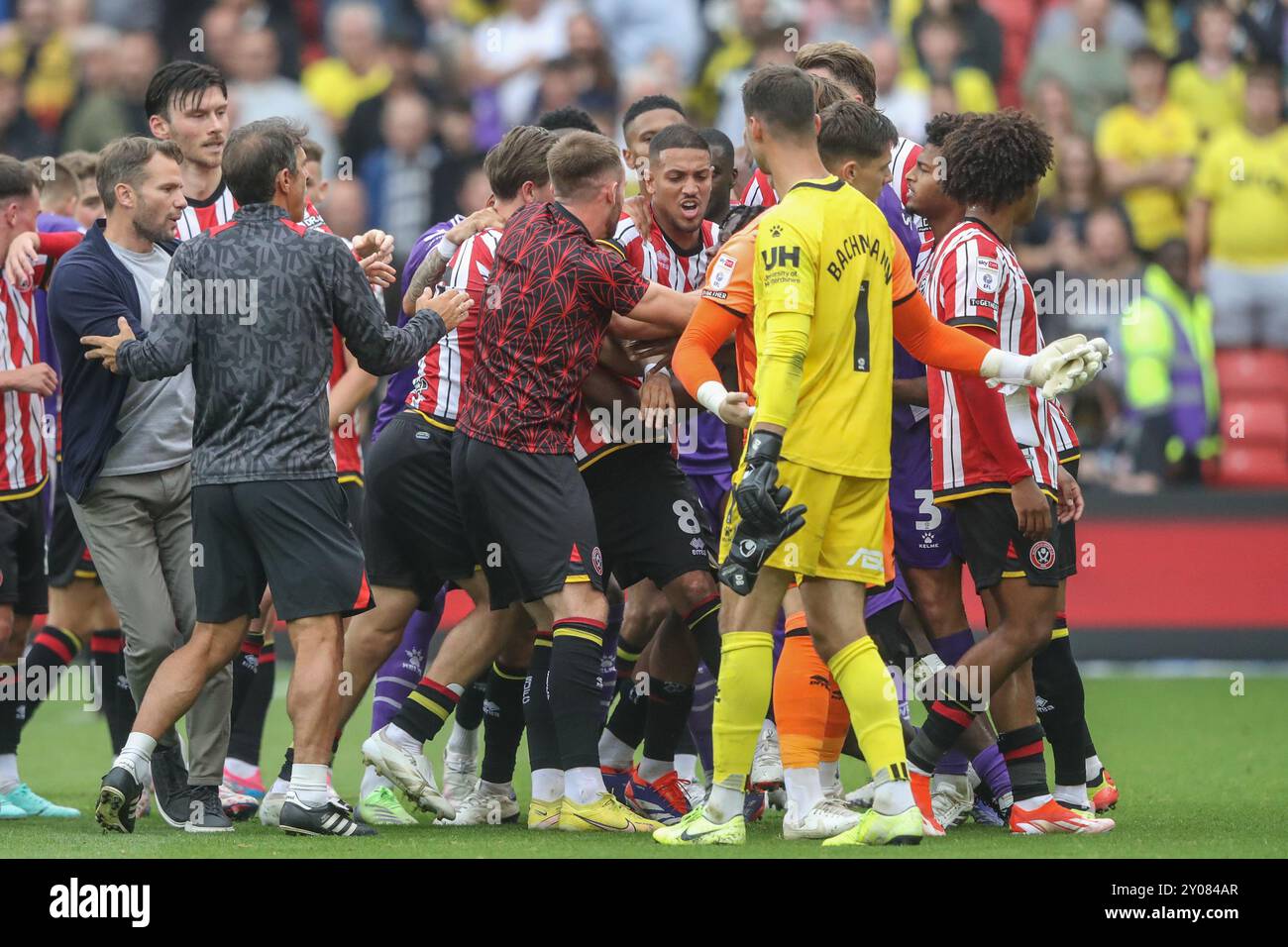 Une altercation entre les deux équipes lors du match du Sky Bet Championship Sheffield United vs Watford à Bramall Lane, Sheffield, Royaume-Uni, le 1er septembre 2024 (photo par Alfie Cosgrove/News images) Banque D'Images