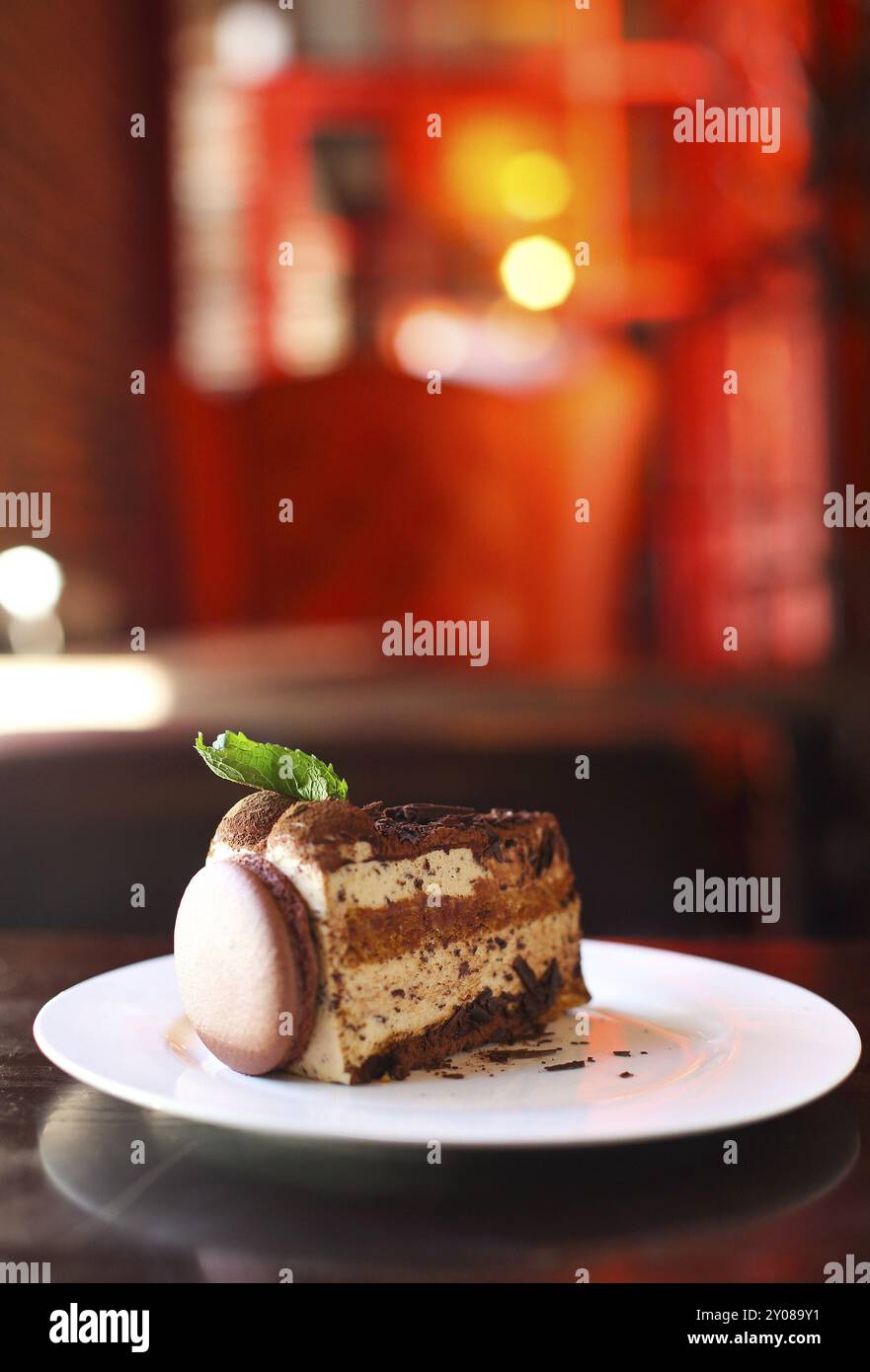 Morceau de gâteau au chocolat décoré de macaron et de menthe sur plaque blanche, selective focus, arrière-plan lumineux Banque D'Images