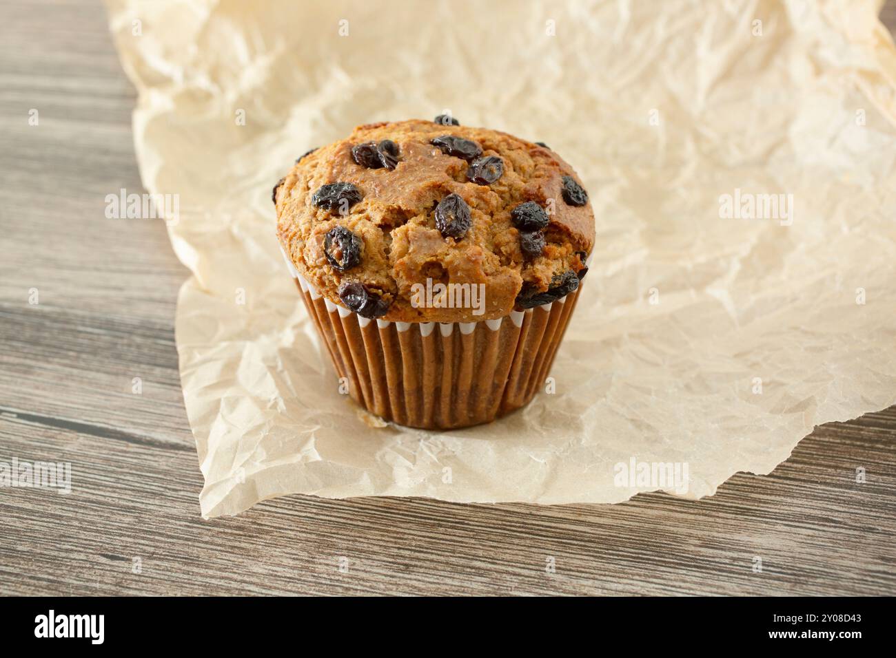 Une vue d'un muffin aux raisins secs. Banque D'Images