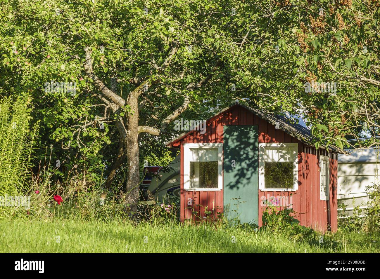 Maison en bois rouge dans un jardin Banque D'Images