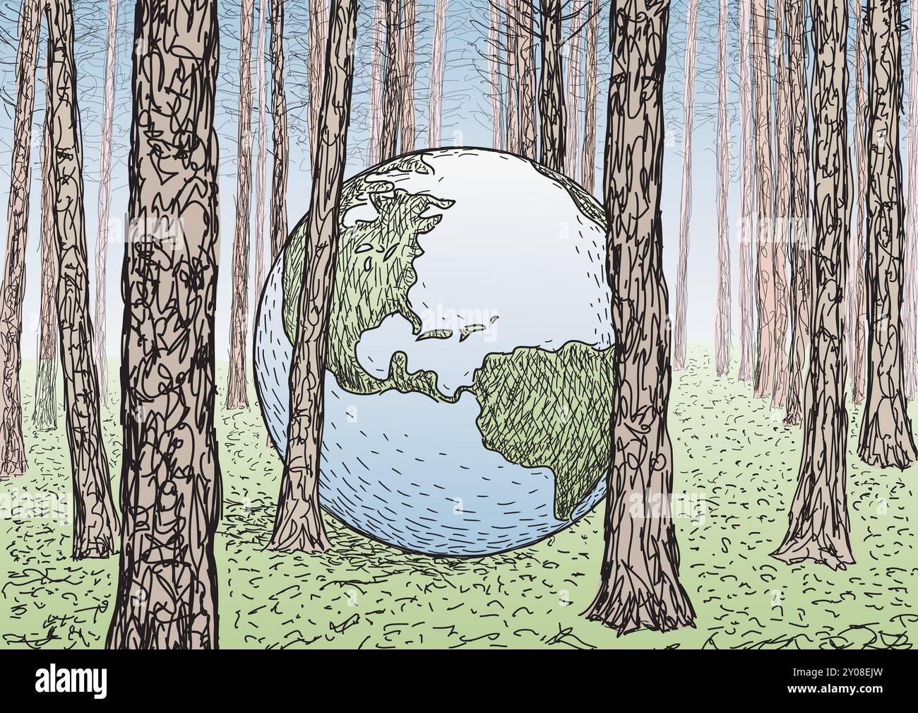 Dessin de la planète terre parmi les arbres dans une forêt, illustration vectorielle Illustration de Vecteur