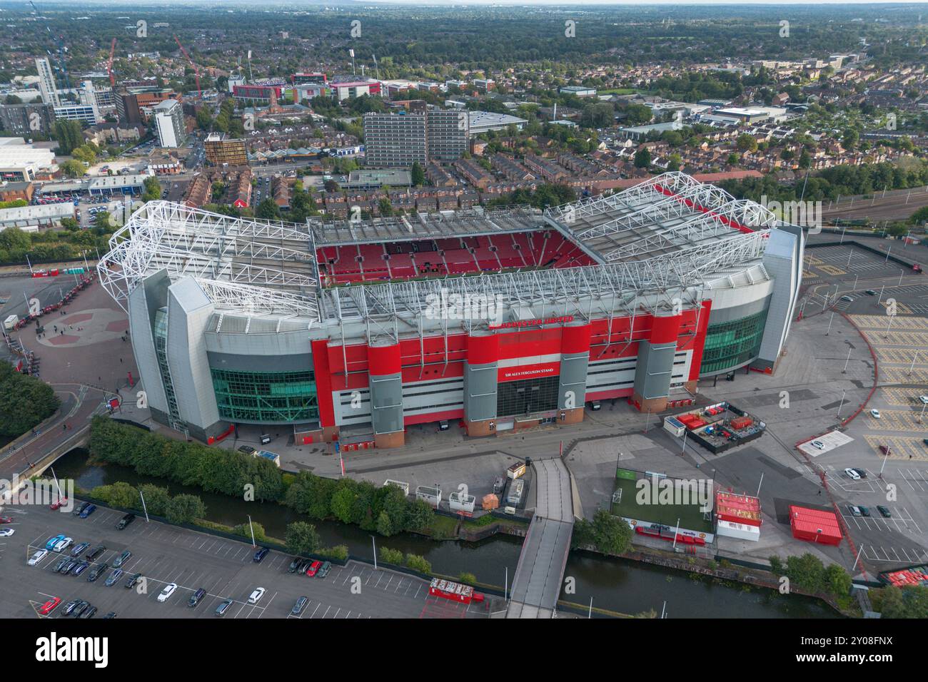 Vue aérienne d'Old Trafford, stade du Manchester United Football Club, Royaume-Uni. Banque D'Images