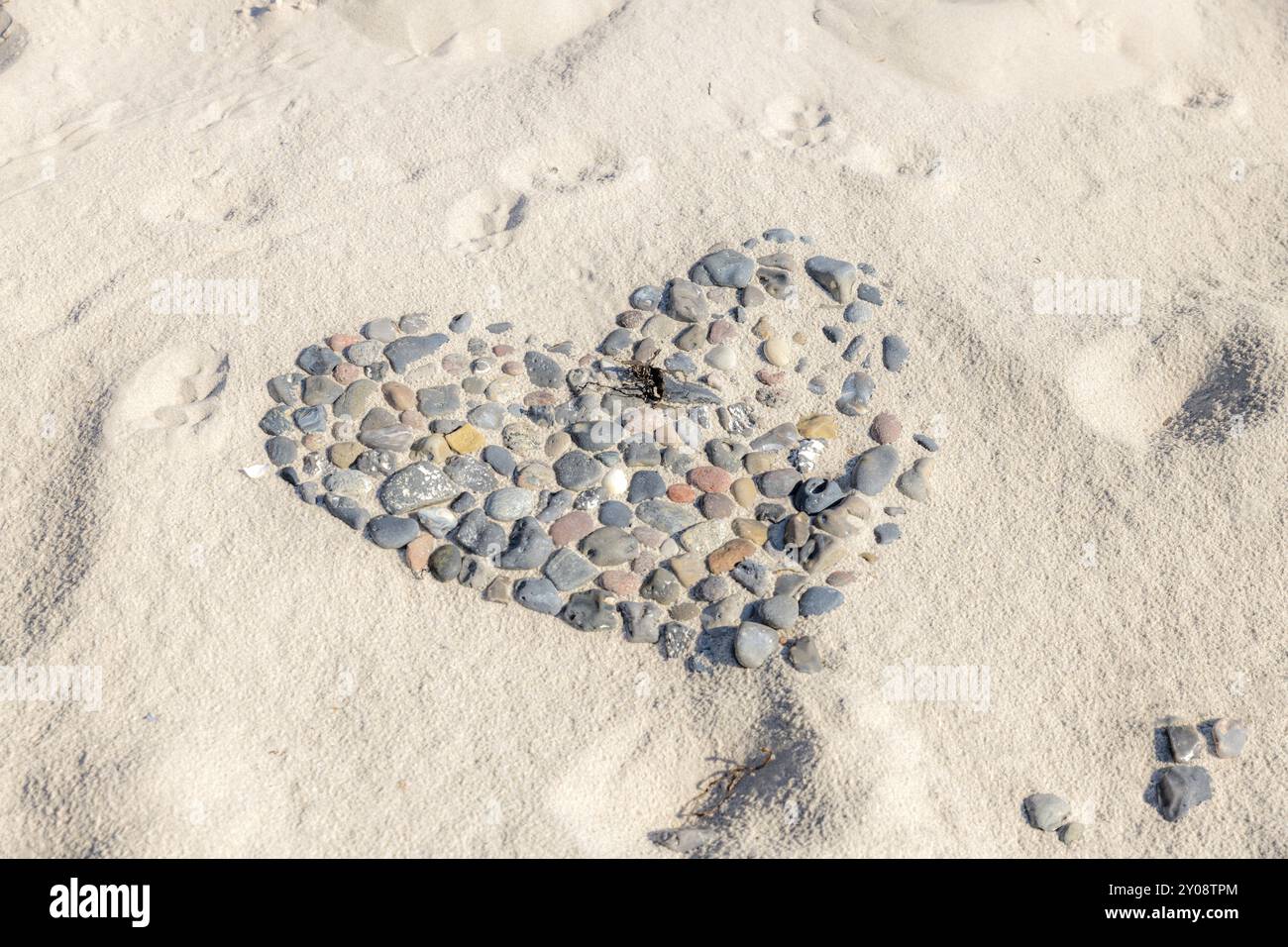 Coeur fait de galets sur une plage avec des traces de chiens partiellement recouvertes de sable Banque D'Images