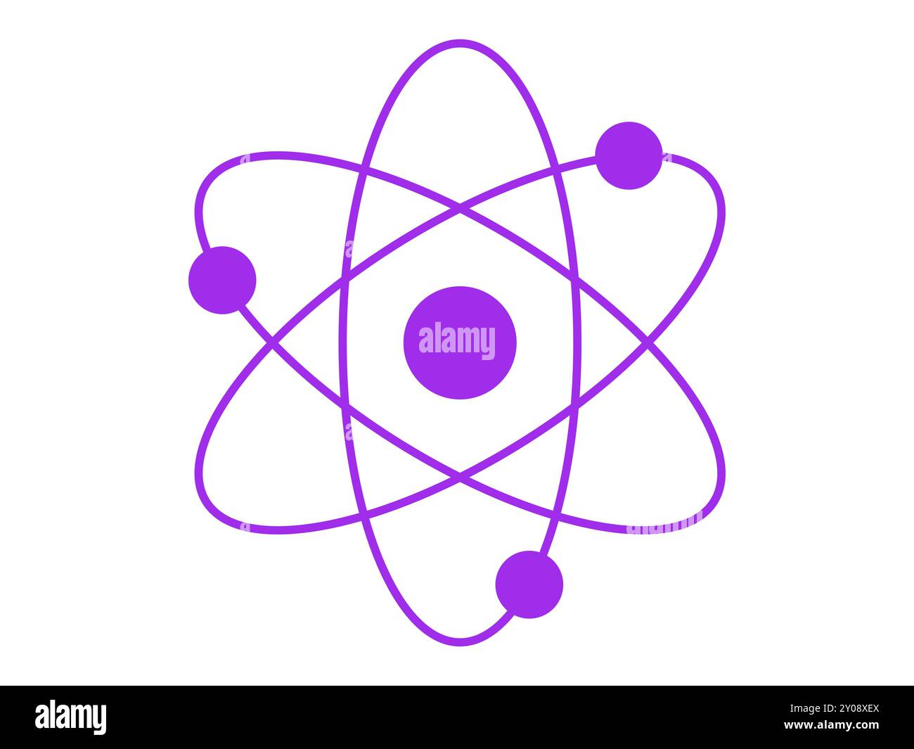 Silhouette violette d'un atome avec des électrons en orbite isolés sur un fond blanc. Concept de science, physique, structure atomique, minimalisme. Icône, Illustration de Vecteur