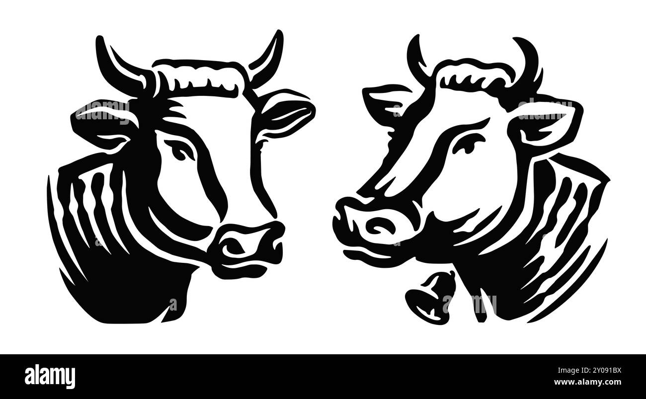 Emblème ou symbole de tête de vache, de taureau portrait. Animaux de ferme dessinés à la main illustration vectorielle noire et blanche Illustration de Vecteur