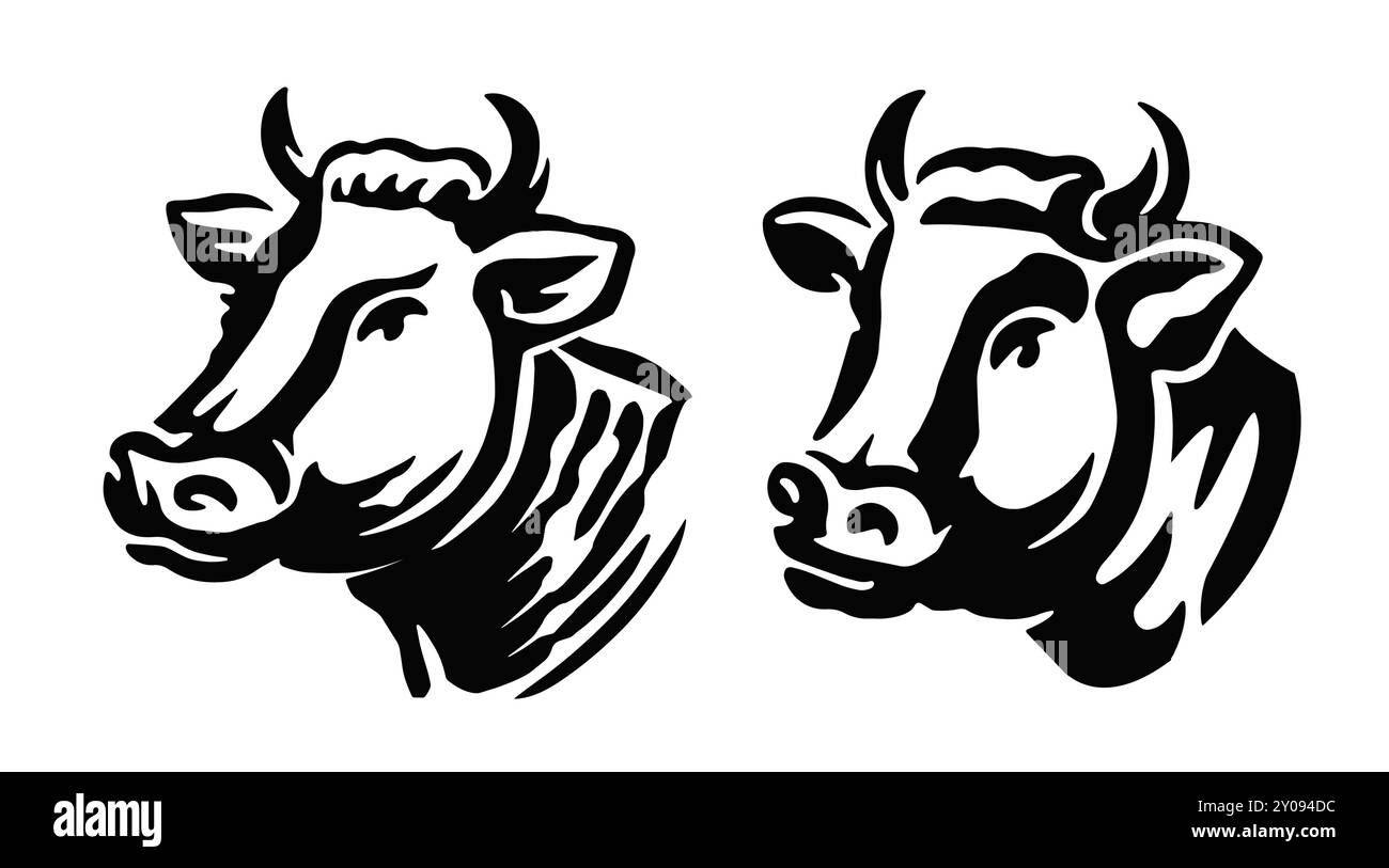 Emblème ou logo de tête de portrait de taureau, de vache. Animaux de ferme dessinés à la main illustration vectorielle noire et blanche Illustration de Vecteur