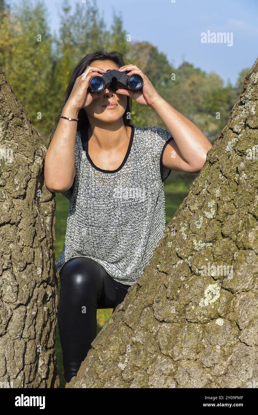 Jeune femme regardant à travers des jumelles entre les troncs des arbres Banque D'Images