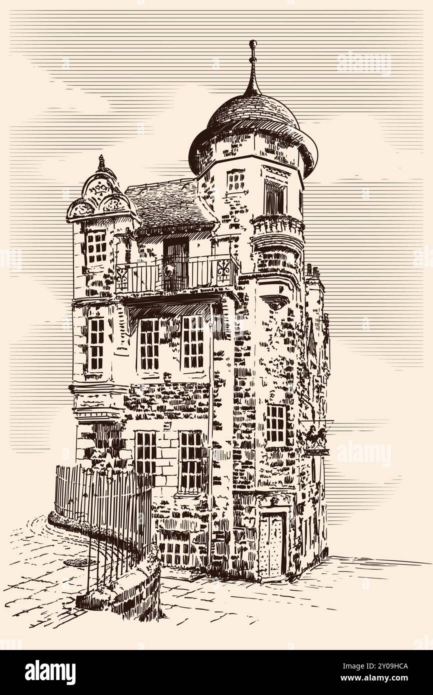 Vieux bâtiment en briques de plusieurs étages de style classique avec une tour et des balcons. Entrée principale du bâtiment. Un croquis rapide au crayon sur un b beige Illustration de Vecteur