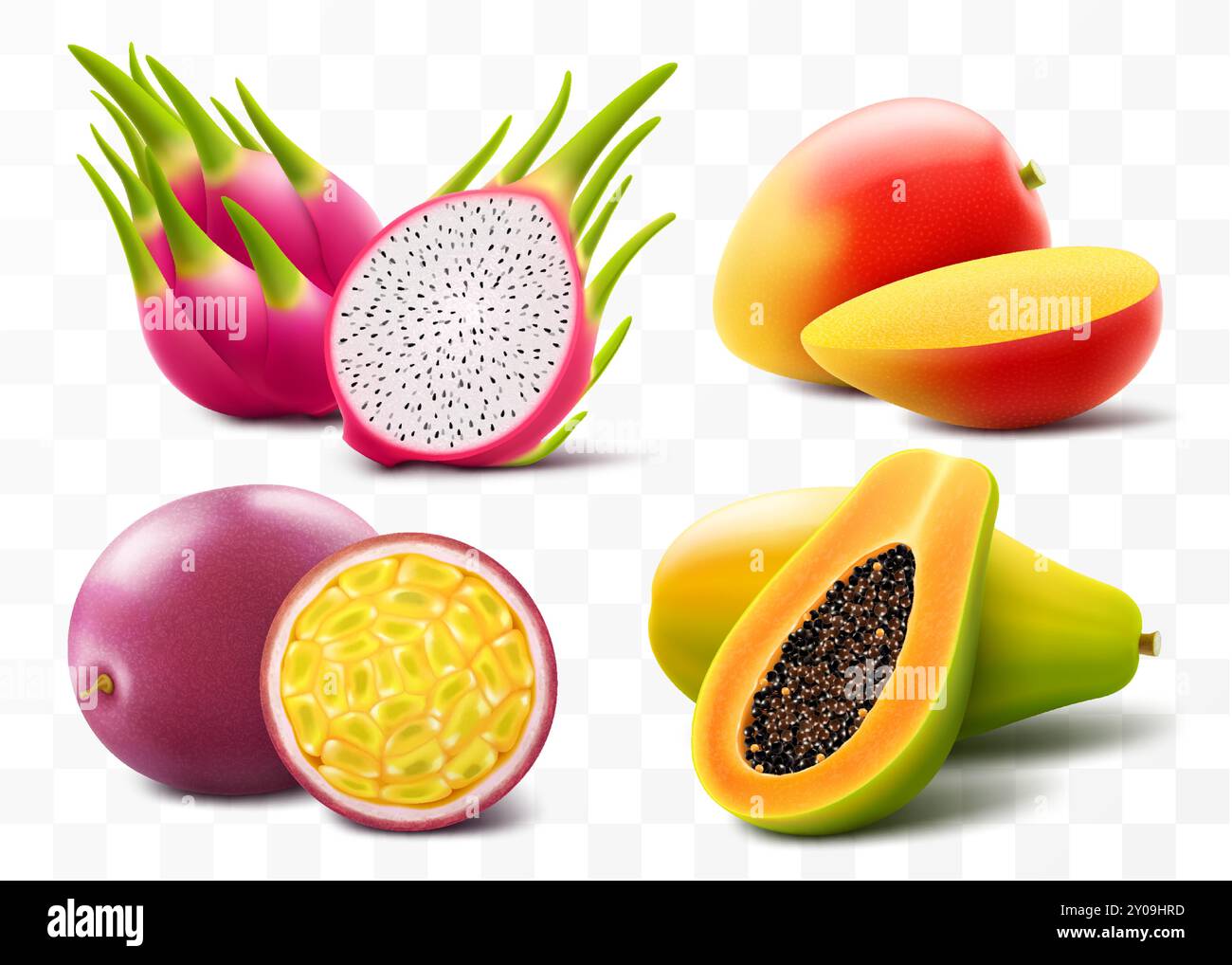Ensemble de fruits tropicaux mûrs exotiques mangue, papaye, fruit de la passion et fruit du dragon ou pitaya, isolé sur fond transparent. Entier et tranches de ju Illustration de Vecteur
