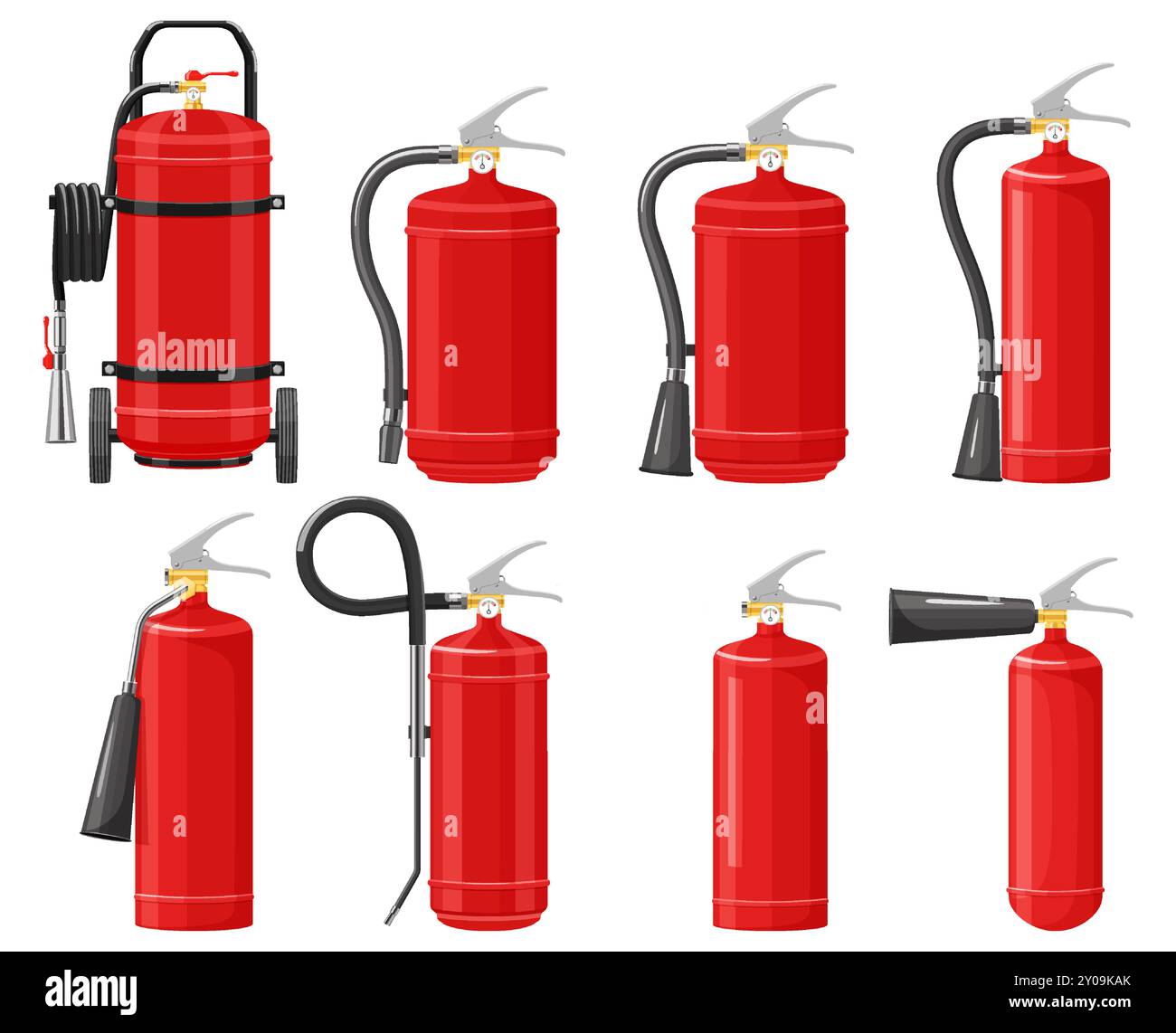 Ensemble d'extincteurs rouges isolés sur fond blanc : différents types d'extincteurs à poignée, eau, dioxyde de carbone, mousse, poudre et produits chimiques humides. Illustration de Vecteur
