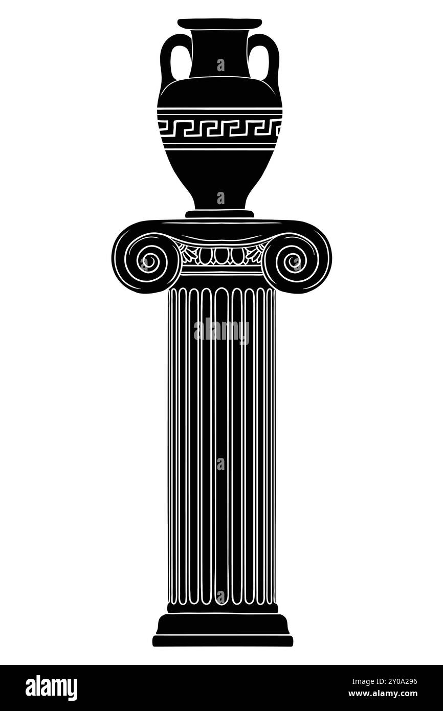 Une cruche à vin grecque ancienne avec un motif méandre se dresse sur une colonne de marbre. Objet isolé sur fond blanc Illustration de Vecteur