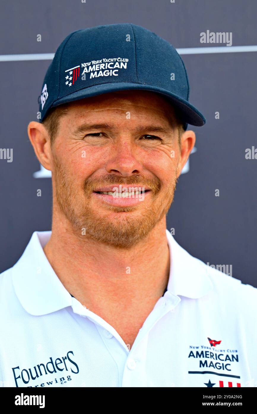 Tom Slingsby tireur sur le concurrent de la Coupe de l’America, American Magic, sponsorisé par le New York Yacht Club / NYYC Banque D'Images