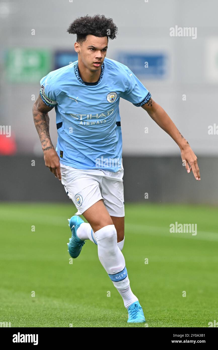 Nico O'Reilly de Manchester City lors du match de premier League 2 U23 Manchester City vs Everton au joie Stadium, Manchester, Royaume-Uni, le 1er septembre 2024 (photo de Cody Froggatt/News images) Banque D'Images