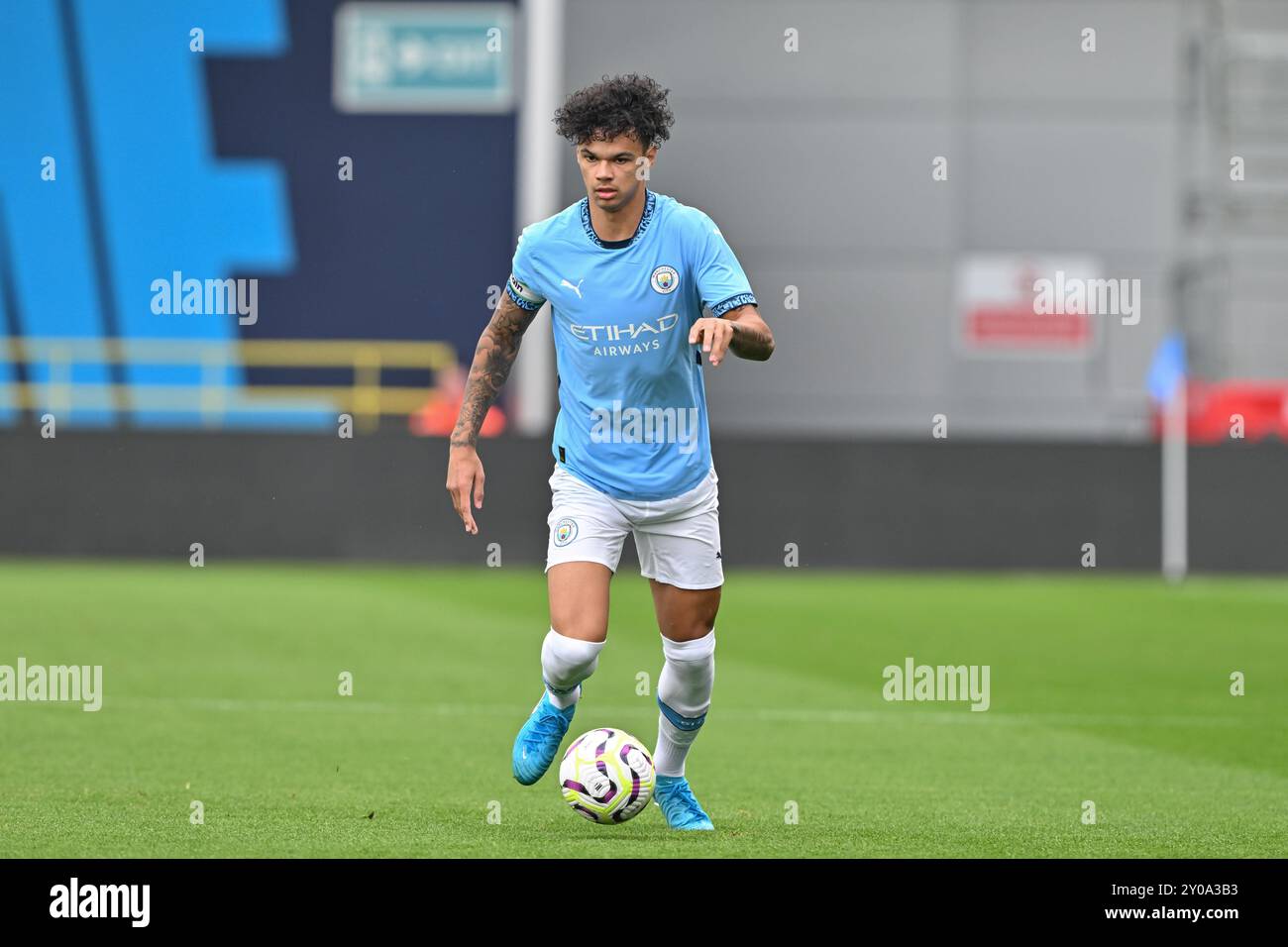 Nico O'Reilly de Manchester City en action lors du premier League 2 U23 match Manchester City vs Everton au joie Stadium, Manchester, Royaume-Uni, 1er septembre 2024 (photo de Cody Froggatt/News images) Banque D'Images