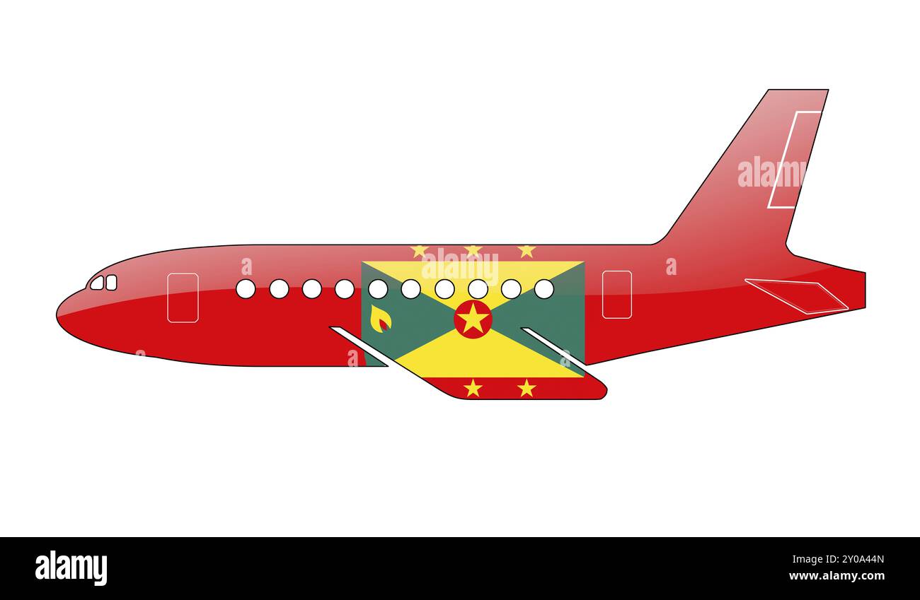 Le drapeau de la Grenade peint sur la silhouette d'un avion. illustration brillante Banque D'Images