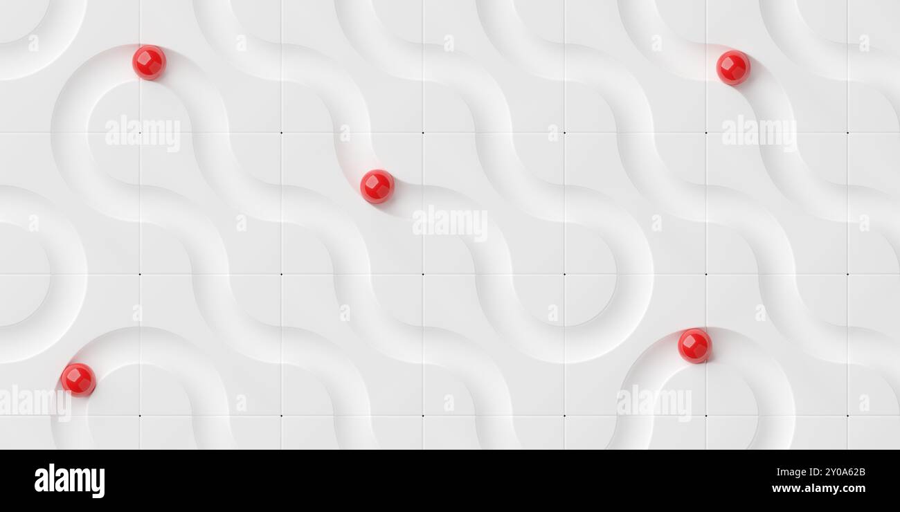 Plusieurs boules rouges ou sphères dans un labyrinthe ou un labyrinthe arrondi blanc, stratégie commerciale ou résolution de problèmes ou concept de solution stratégique, vue de dessus plate f Banque D'Images