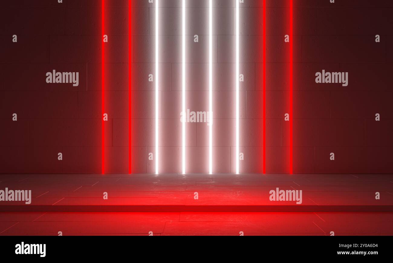 Scène de fond, lignes verticales de néon de lumière rouge blanche et podium, illustration 3D. Banque D'Images